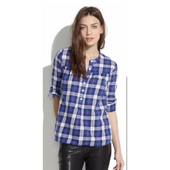 Madewell Tops - Madewell Tab Collar Blue Plaid Long Sleeve Lightweight Flannel Tunic L